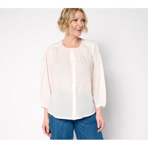 Fashion Women's Top Sz M 100% Cotton Button-Front Shirred Blouse White A683834